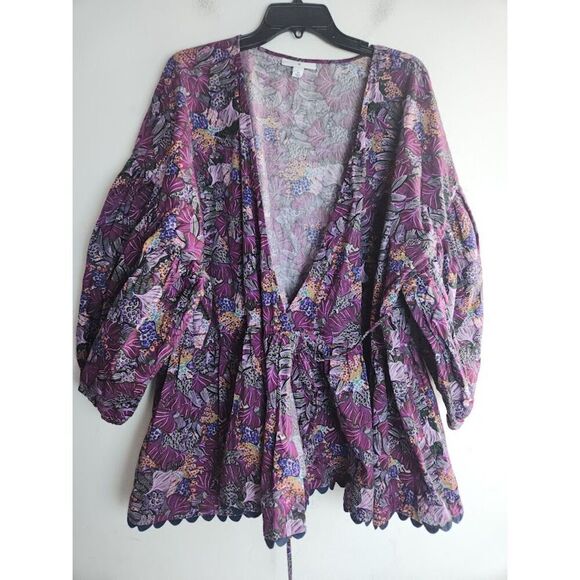 Kika Vargas for Target Purple Floral Puff Sleeve 100% Cotton Wrap Blouse size 3X - Picture 10 of 10